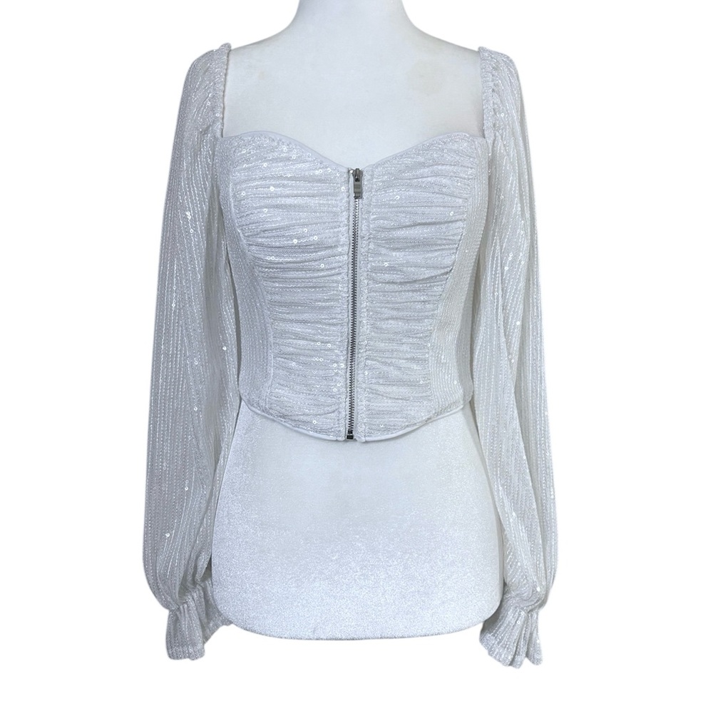 Papaya White Sparkly Sequin Corset Top Balloon Sleeve Ruched Sweetheart Medium